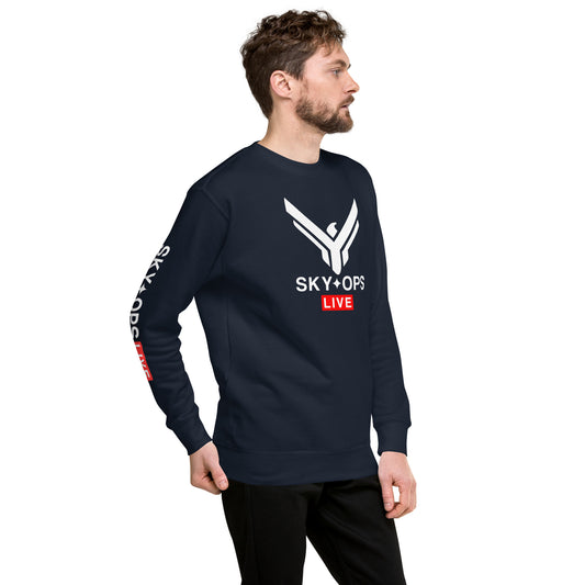 Unisex Premium Sweatshirt - Sky Ops Live Classic Logo on Front w/ Signature Logo Right Sleeve and Rear Logo Tag