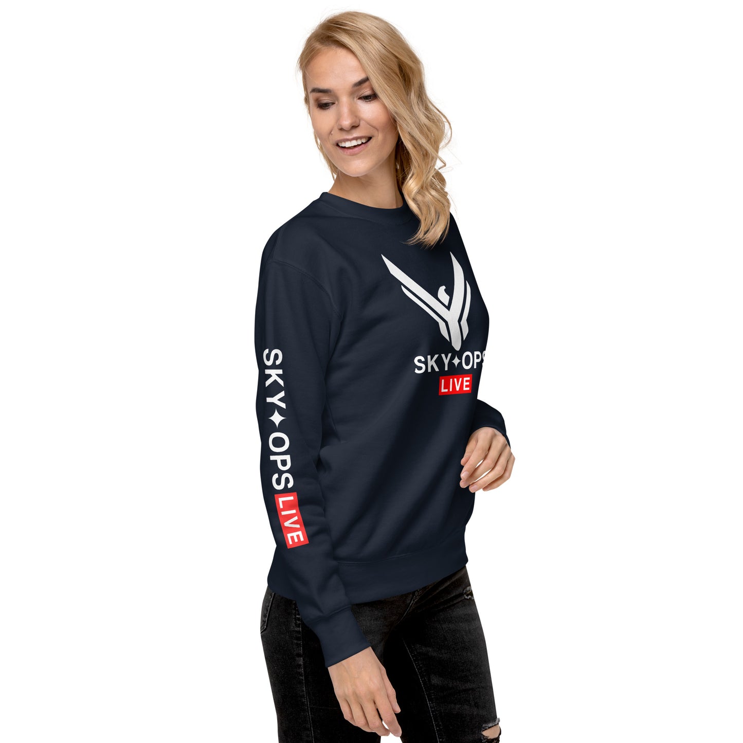 Unisex Premium Sweatshirt - Sky Ops Live Classic Logo on Front w/ Signature Logo Right Sleeve and Rear Logo Tag