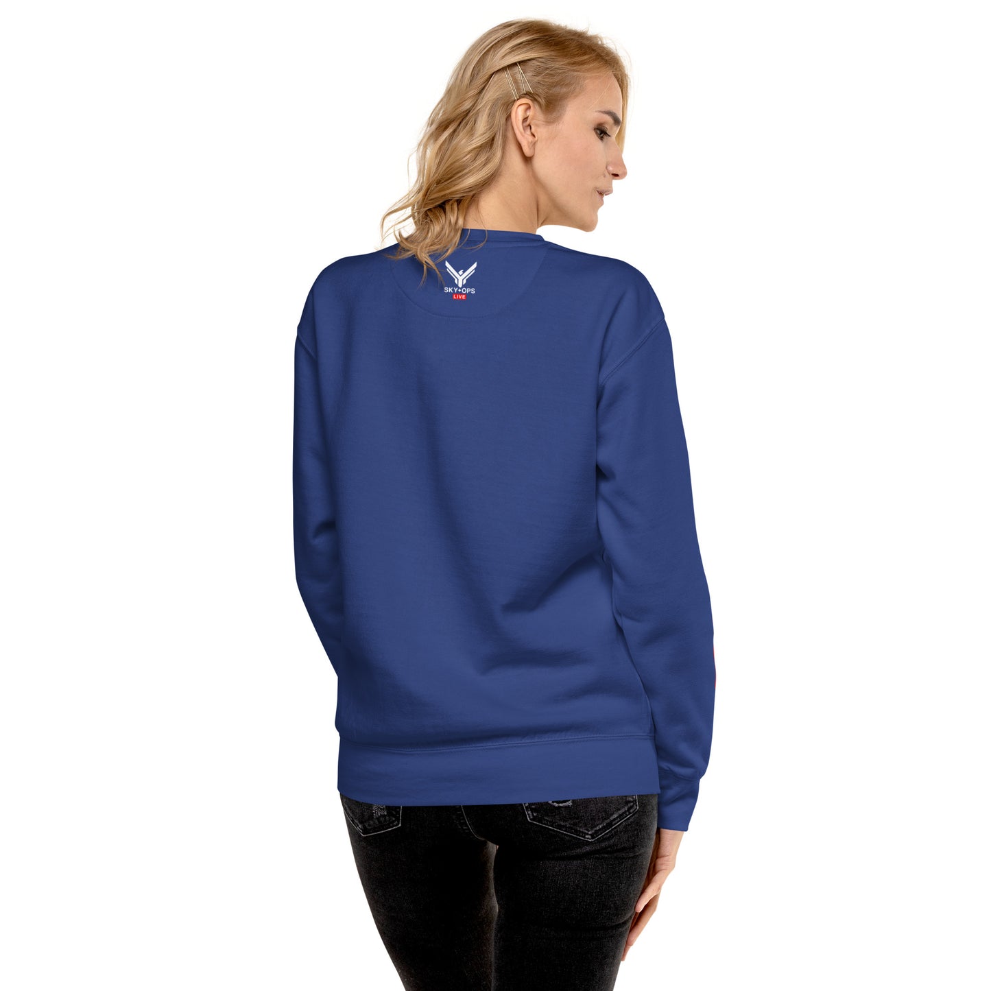 Unisex Premium Sweatshirt - Sky Ops Live Classic Logo on Front w/ Signature Logo Right Sleeve and Rear Logo Tag