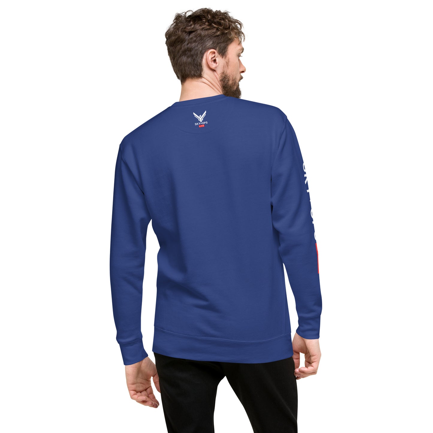 Unisex Premium Sweatshirt - Sky Ops Live Classic Logo on Front w/ Signature Logo Right Sleeve and Rear Logo Tag