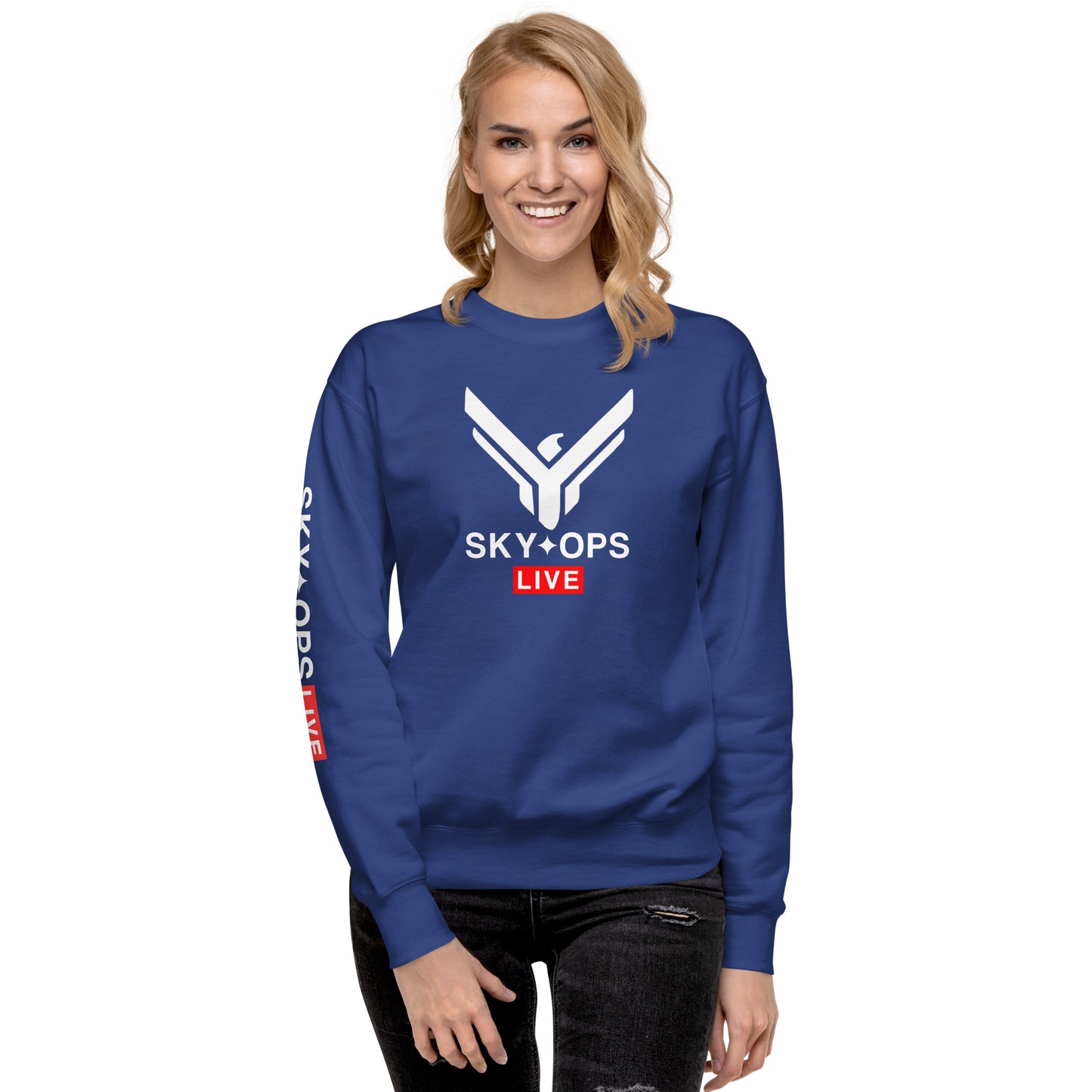 Unisex Premium Sweatshirt - Sky Ops Live Classic Logo on Front w/ Signature Logo Right Sleeve and Rear Logo Tag