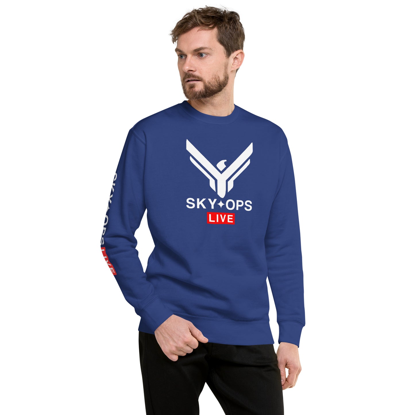 Unisex Premium Sweatshirt - Sky Ops Live Classic Logo on Front w/ Signature Logo Right Sleeve and Rear Logo Tag