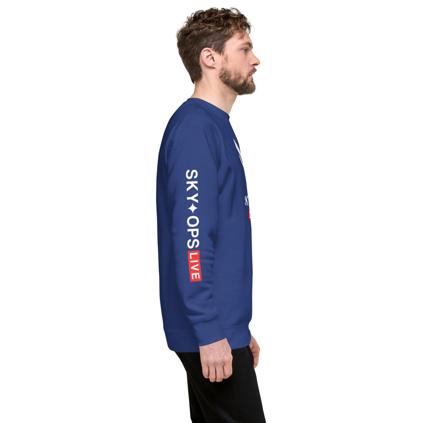 Unisex Premium Sweatshirt - Sky Ops Live Classic Logo on Front w/ Signature Logo Right Sleeve and Rear Logo Tag