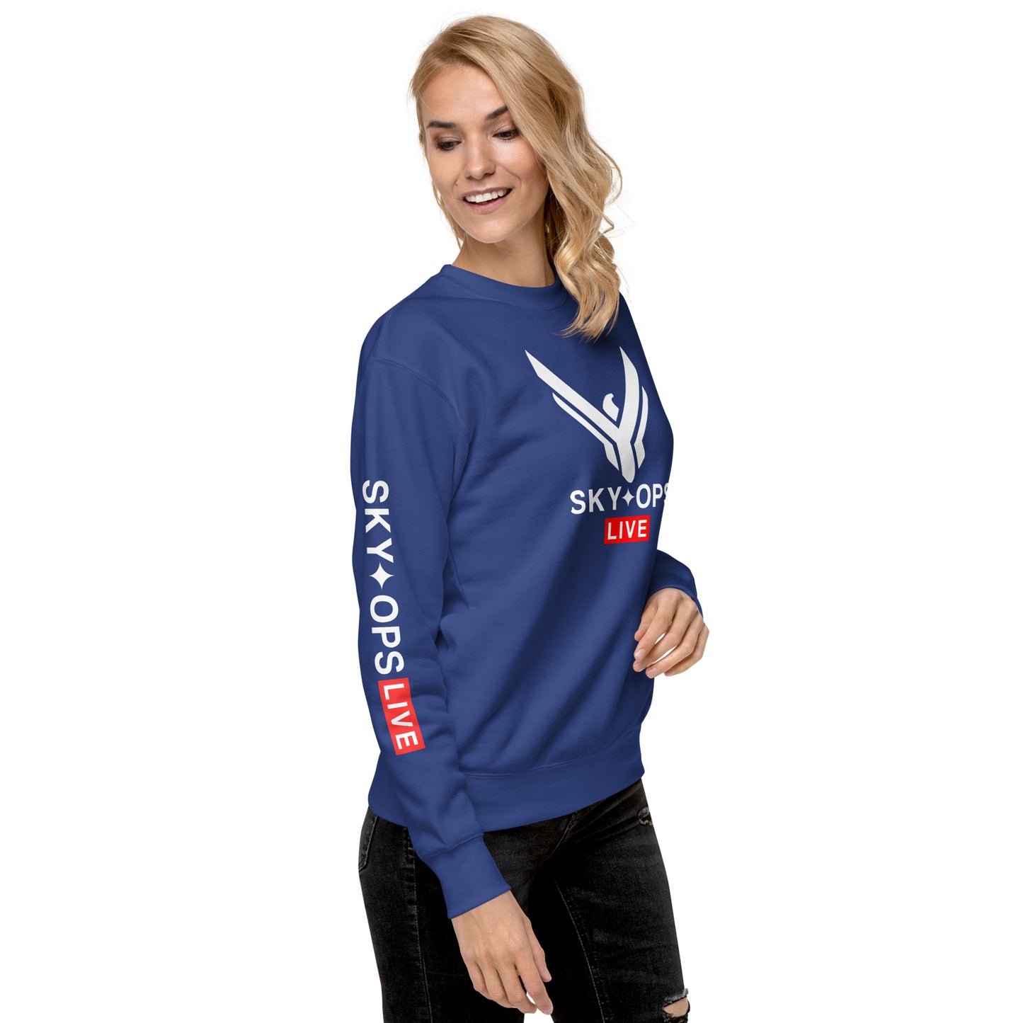 Unisex Premium Sweatshirt - Sky Ops Live Classic Logo on Front w/ Signature Logo Right Sleeve and Rear Logo Tag