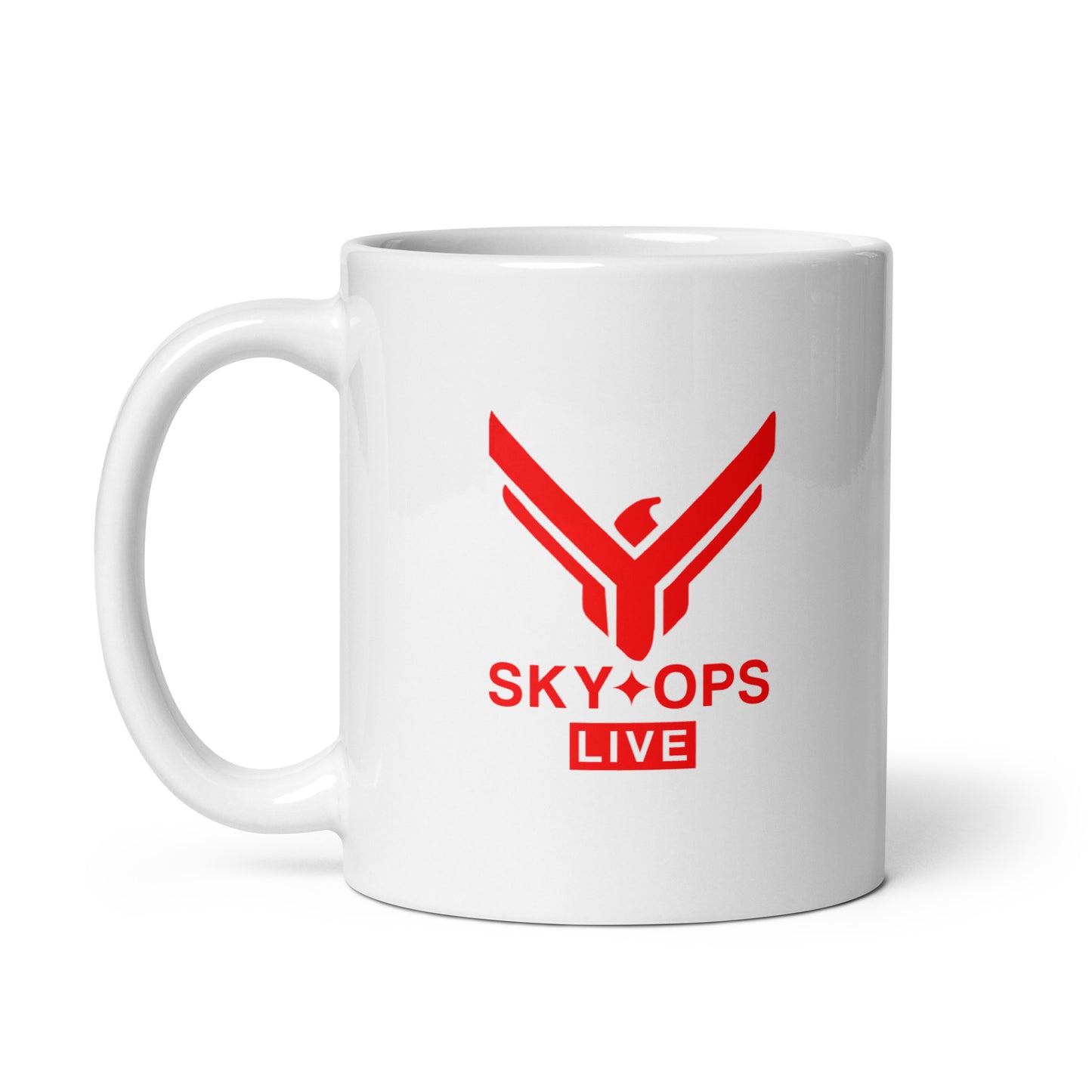 White glossy Mug - Sky Ops Live Classic Logo in Thunderbird Red