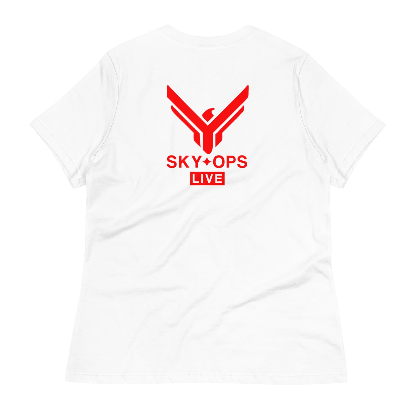 Women's Relaxed T-Shirt - Sky Ops Live Classic Logo on Back w/ Front Corner Logo in Thunderbird Red