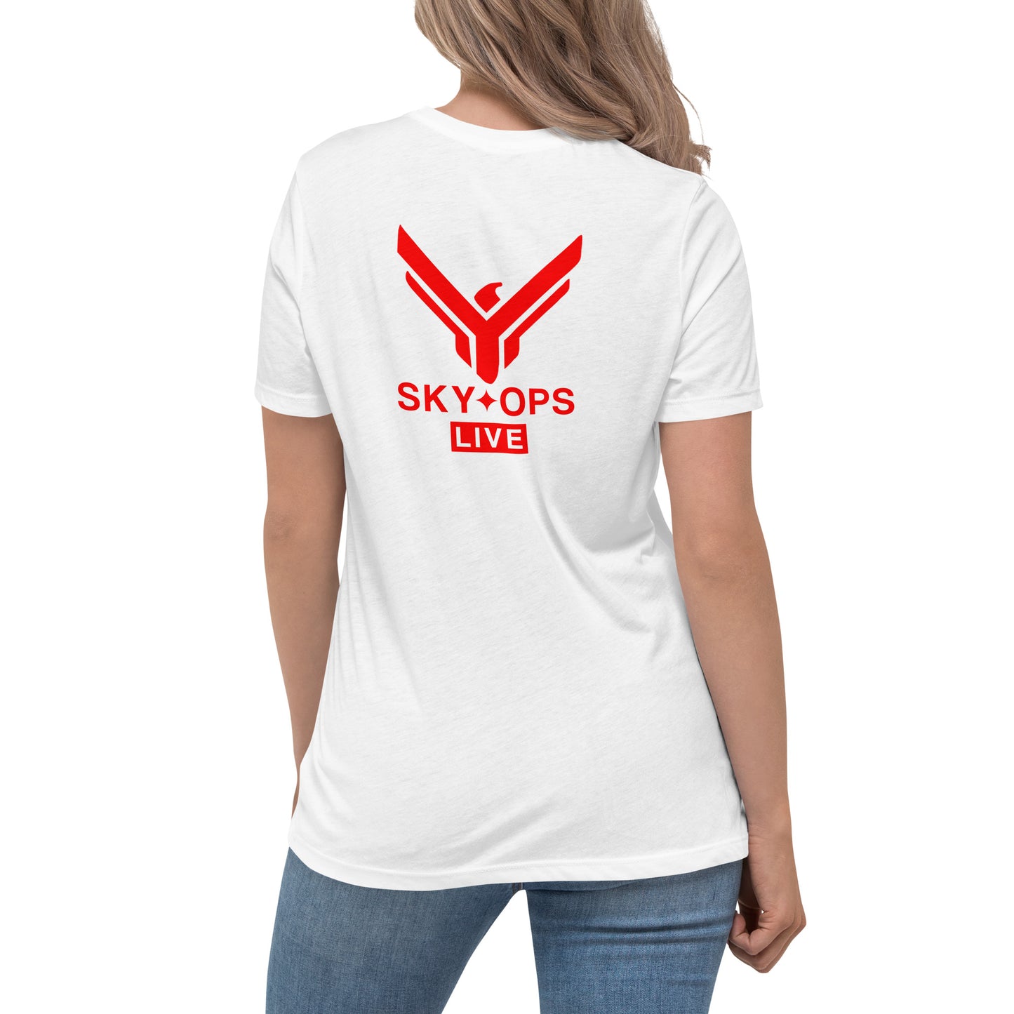 Women's Relaxed T-Shirt - Sky Ops Live Classic Logo on Back w/ Front Corner Logo in Thunderbird Red