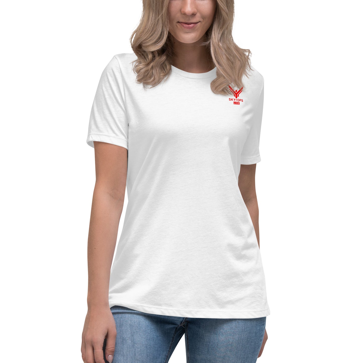 Women's Relaxed T-Shirt - Sky Ops Live Classic Logo on Back w/ Front Corner Logo in Thunderbird Red