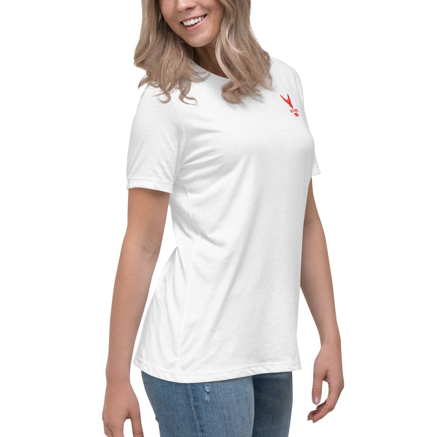 Women's Relaxed T-Shirt - Sky Ops Live Classic Logo on Back w/ Front Corner Logo in Thunderbird Red